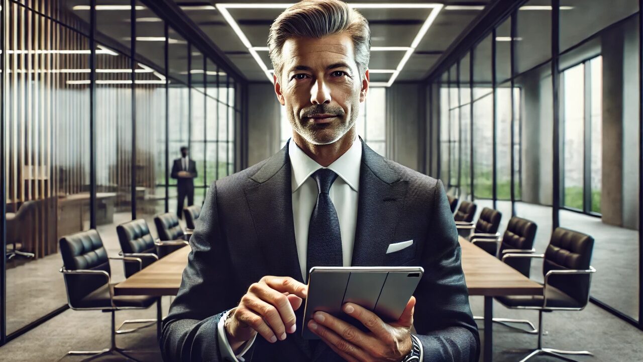 Executivo com tablet em ambiente corporativo